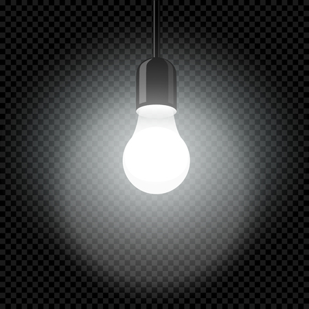 Electricity light bulb in dark template with glowing bright lights on black transparent background. Idea science symbol vector illustrationのイラスト素材