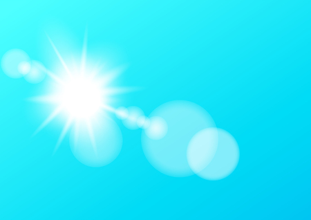 Sun light bokeh lens template on blue sky background. Counter light lens flare luminosity. Vector empty sunbeam shiny concept.のイラスト素材