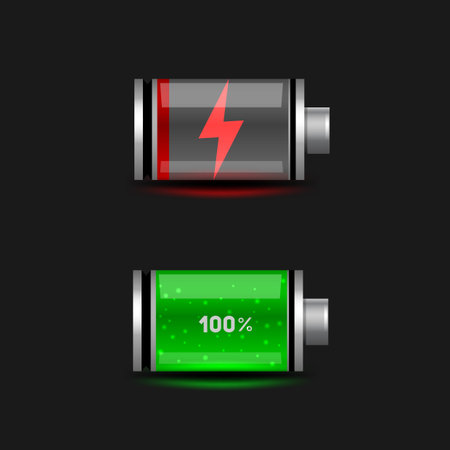 Simple discharged and charged battery icon set on black dark background. Glossy batteries collection with green red indicator color charge.のイラスト素材