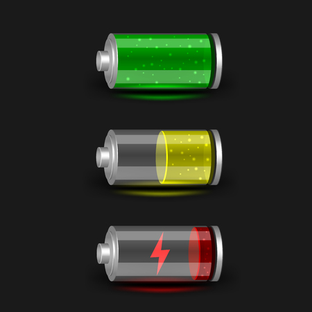 Discharged,half charge and charged battery icon set on black dark background. Glossy batteries collection with green, red, yellow indicator color charge.のイラスト素材