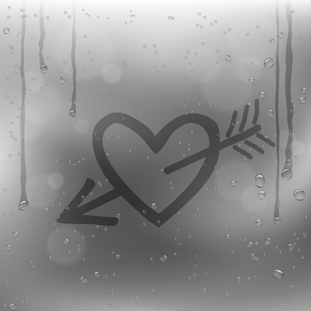 Cupid arrow heart draw on rainy window. Sadness romantic rain template on glass surfaceのイラスト素材