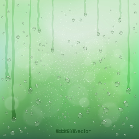 Green blurry rain bokeh wet background. Nature blurred spring or summer abstract water bubbles design backdrop. Agriculture rainy drops flow wallpaperのイラスト素材