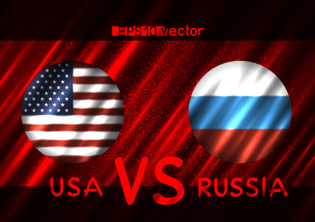 USA VS Russia conflict. Round flags on dark red background. Cold war illustrationのイラスト素材