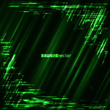 Glitch natural green bright light dark background template. Abstract glitched nature flora vector design backdropのイラスト素材