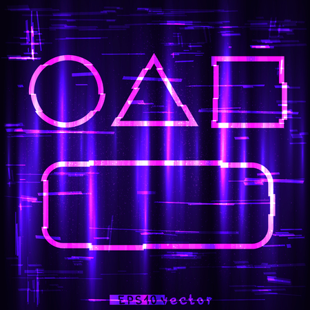 Glitch blue purple and pink geometric rectangle circle square triangle shapes template. Abstract glitched vector light frame design backdropのイラスト素材