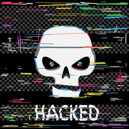 Glitch hack skull with hacked text message on dark black background. Computer crime hacker attack illustrationのイラスト素材