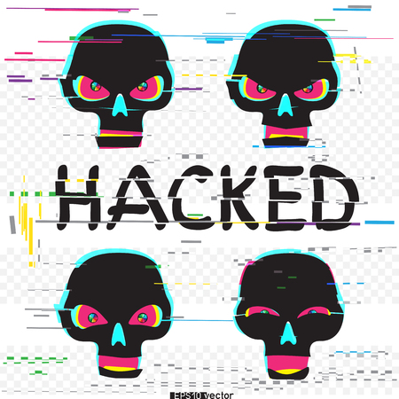Glitch black hacker skulls set with hacked text on white transparent background. Skull laugh funny and angry different emotions collection. Computer crime attack illustrationのイラスト素材