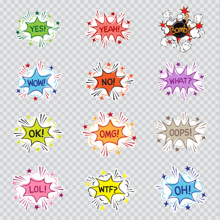 Cartoon message illustration set on transparent background. Comic sound effect graphic. Yes yeah bomb wow no what ok omg oops lol wtf oh letters posted on colorful communication quote bubbleのイラスト素材