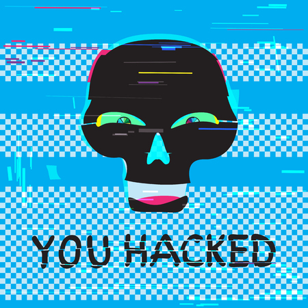 Funny black hacker skull with you hacked text on glitch blue screen device background. Computer crime hacker attack illustrationのイラスト素材