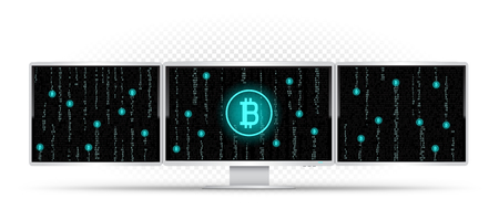 Three computers monitors with code mining bitcoin. Triple monitor computer super wide screen device on transparent background.. PC desktop crypto currency programming templateのイラスト素材