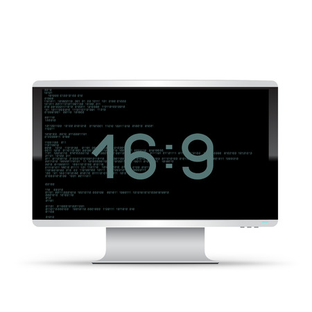 16 to 9 computer monitor on white background. Wide screen modern electronic device. PC desktop template with code and size text messageのイラスト素材