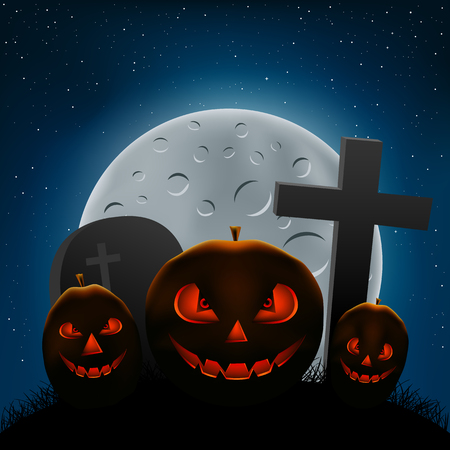 Halloween Holiday pumpkins on dark night background. Scary smiling pumpkin faces in darkness cemetery and moonlight backdropのイラスト素材