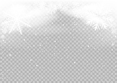 Snow falls winter sky clouds on transparent background. Frosty close-up wintry snowflakes. Ice shape pattern. Christmas holiday decoration backdropのイラスト素材