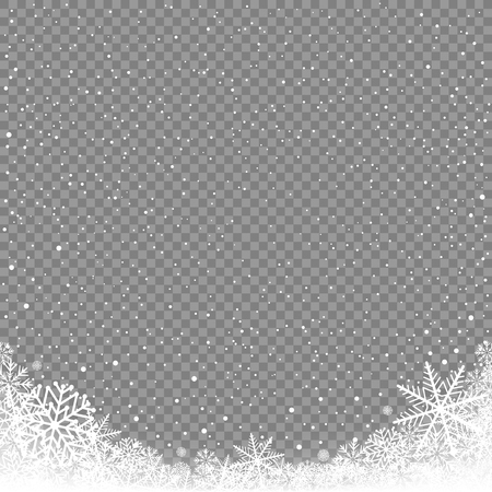 Winter snowfall on transparent background. Frosty close-up wintry snowflakes. Ice shape pattern. Christmas holiday decoration backdropのイラスト素材