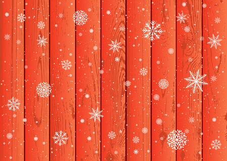 Christmas snowfall on red wood background. Winter snowflake wooden backdrop. White snow fallsのイラスト素材