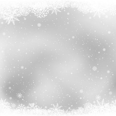 Christmas snow frame on gray background. Snowfalls winter sky clouds. Frosty close-up wintry snowflakes. Ice shape pattern. Christmas holiday decoration backdropのイラスト素材