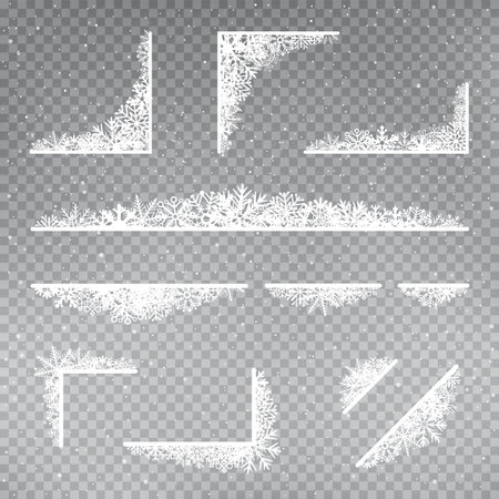 Snowflakes rectangular frame corner template set on gray transparent background. Christmas holiday ice ornament bannerのイラスト素材