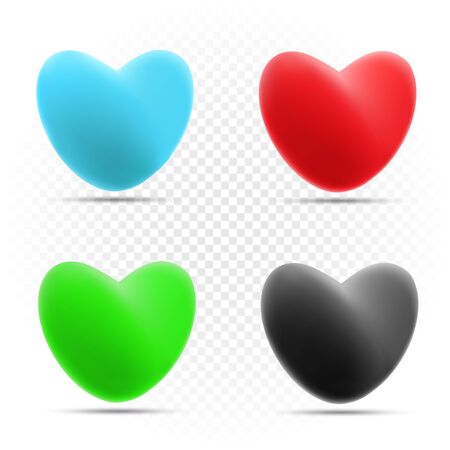 Color heart set with shadow on white transparent background. Blue red green and black hearts collectionのイラスト素材