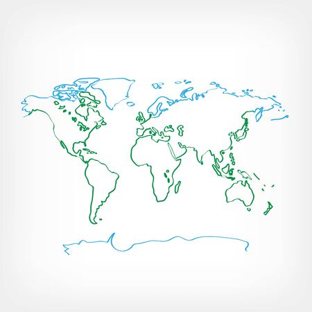 Drawing ecology world map on white background. Drawn green and blue color earth land continent. Ecological planet pollutionのイラスト素材