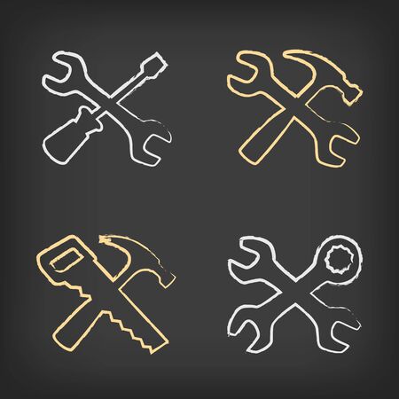 Drawn tools icon set on black background. Drawing across hammer saw screwdriver wrench collectionのイラスト素材