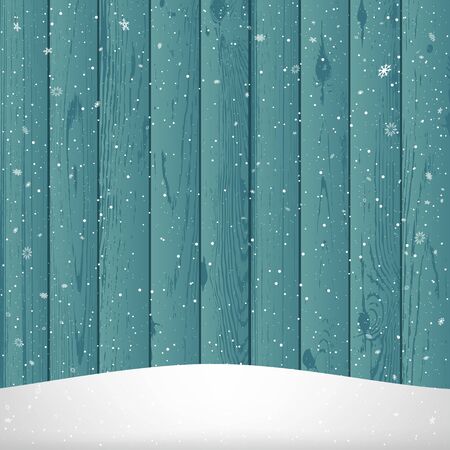 Winter snowfall on wood background. Christmas snowy hill. Holiday snowdrift blue wooden backdrop. Big and small snowflakes fallingのイラスト素材