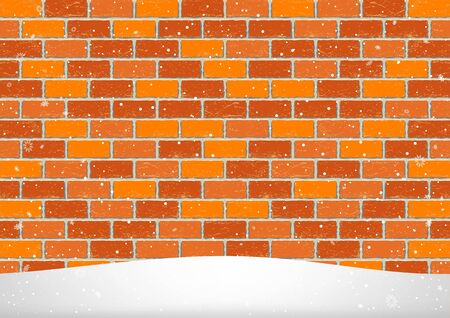 Winter snowfall on red brick wall background. Christmas snowy hill. Holiday snowdrift backdrop. Big and small snowflakes fallingのイラスト素材