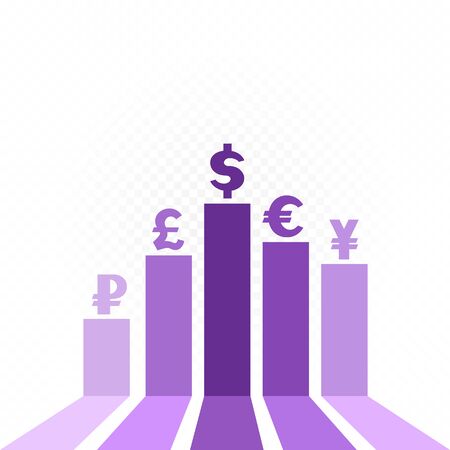 World currency value chart. Dollar euro ruble yen pound business schedule on white transparent background. Money sign symbolのイラスト素材