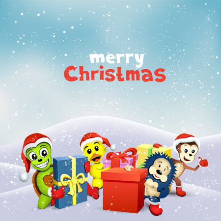 Christmas animals with gifts on winter landscapeのイラスト素材