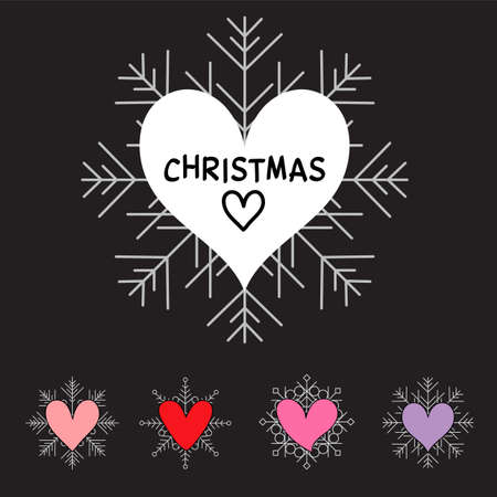 Christmas Valentine love winter hearts set on dark black background. Holiday decoration element sign symbols logo with heart and snowflake on backdropのイラスト素材
