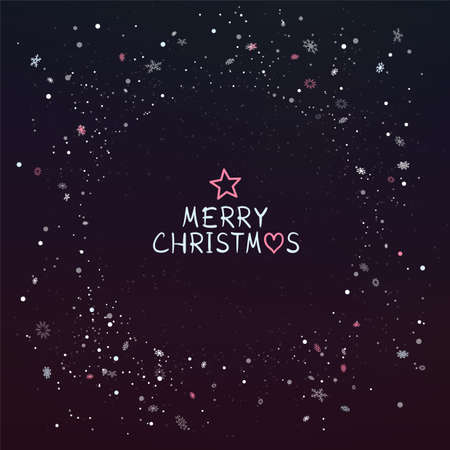 Christmas winter dark circle frame template and snow on dark background. Holiday pink and purple snowflake decoration ornament.のイラスト素材