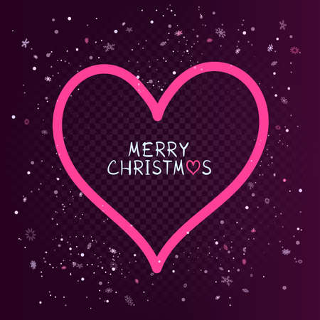Christmas pink heart frame with blowing snow on dark red background. Holiday snowflake decoration ornament.のイラスト素材