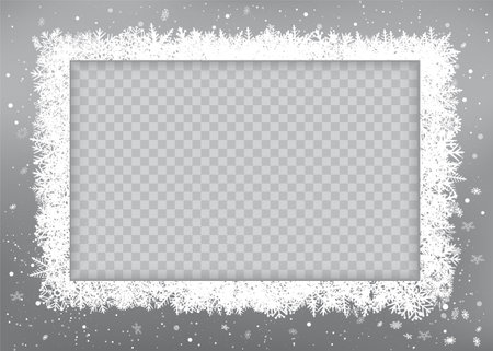 Christmas winter season photo rectangle frame template on gray background. Holiday snowflake decoration ornament.のイラスト素材