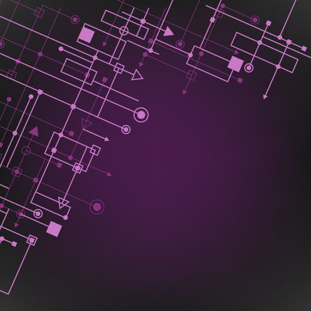 Techno connect dark purple background with connected color dots and lines. Digital technology backdrop templateのイラスト素材