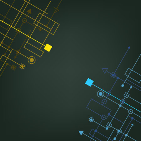 Techno square connect dark background with connected Ukraine color dots and lines. Digital technology backdrop templateのイラスト素材