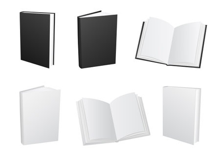Standing closed and open white and black paper books isolated on white background. Empty book cover template set. Education literature read collection. Author writer product showのイラスト素材