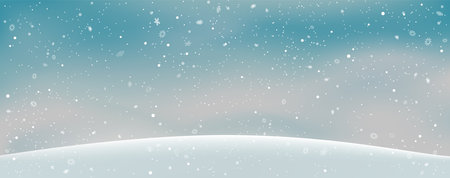 Christmas wide background winter hill snowfall. Snowdrift with falling snow. Holiday snowy frost nature wintrybackdropのイラスト素材