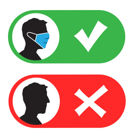 virus prevention sign how to wear mask isolated on white background. Green and red illustration pictogram show protect from virus. Face mask medical tick symbol save health from virusのイラスト素材