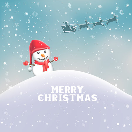 Christmas snowman winter hill and Santa flyのイラスト素材