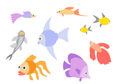 aquarium flat design color fishes setのイラスト素材