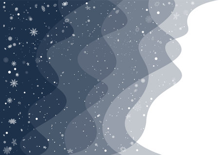 Christmas dark color wave banner with snowfall and sky clouds. Holiday snowfall season blue background. Seasonal winter decoration backdropのイラスト素材