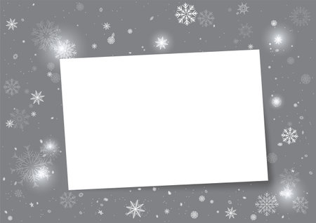 Christmas snow photo frame paper message template with snowfall and shadow. Winter Holiday snowfall season snapshot background. Seasonal picture decoration backdropのイラスト素材