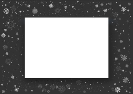 Christmas snow photo frame dark template with shadow. Winter Holiday snowfall season snapshot background. Seasonal picture decoration backdropのイラスト素材