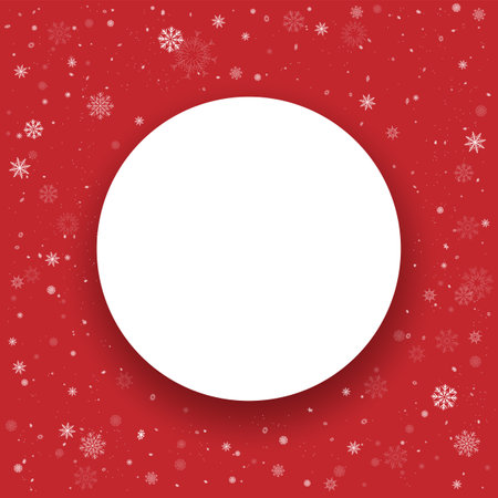 Christmas round photo frame red circle template. Winter Holiday snowfall season snapshot background. Seasonal user picture decoration backdropのイラスト素材