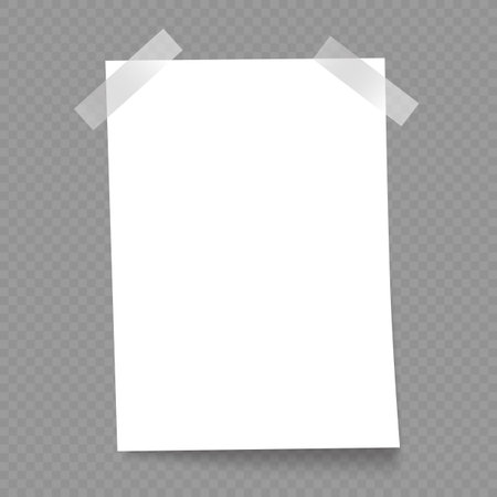 White vertical paper template with sticky tape and shadow on gray backgroynd. Papers note sheet blank pageのイラスト素材