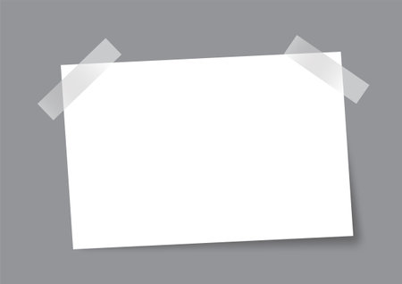 White paper message template with sticky tape and shadow on gray backgroynd. Papers note sheet blank pageのイラスト素材