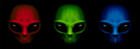 Alien red green blue faces set in dark. Humanoid portrait collection on black background. UFO universe character organismのイラスト素材