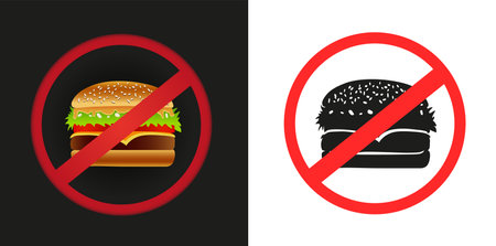 Fast food burger prohibited sticker sign on white and dark background. No hamburger label symbolのイラスト素材
