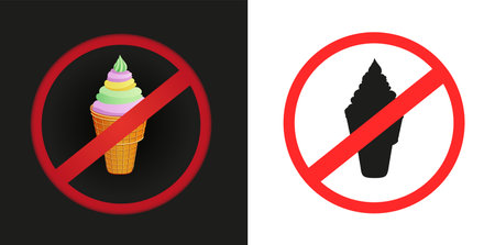 Fast food ice-cream prohibited sticker sign on white and dark background. No creamy sweet delicious desserts label symbolのイラスト素材