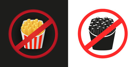 Fast food crispy fries prohibited sticker sign on white and dark background. No hamburger label symbolのイラスト素材