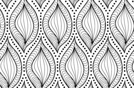 Abstract vector seamless floral black white background of doodle hand drawn lines. Monochrome pattern. Coloring book pageのイラスト素材